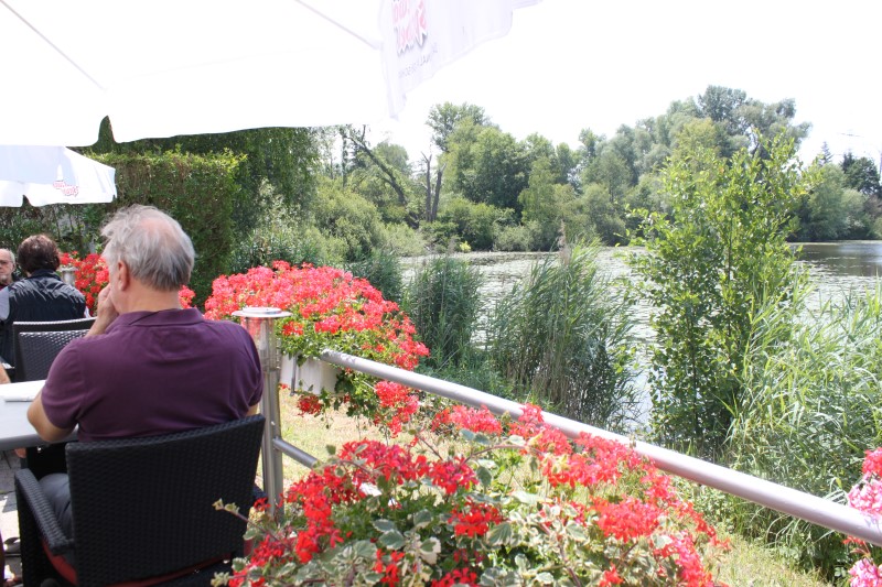 Terrasse am See, Geranien und Schilf